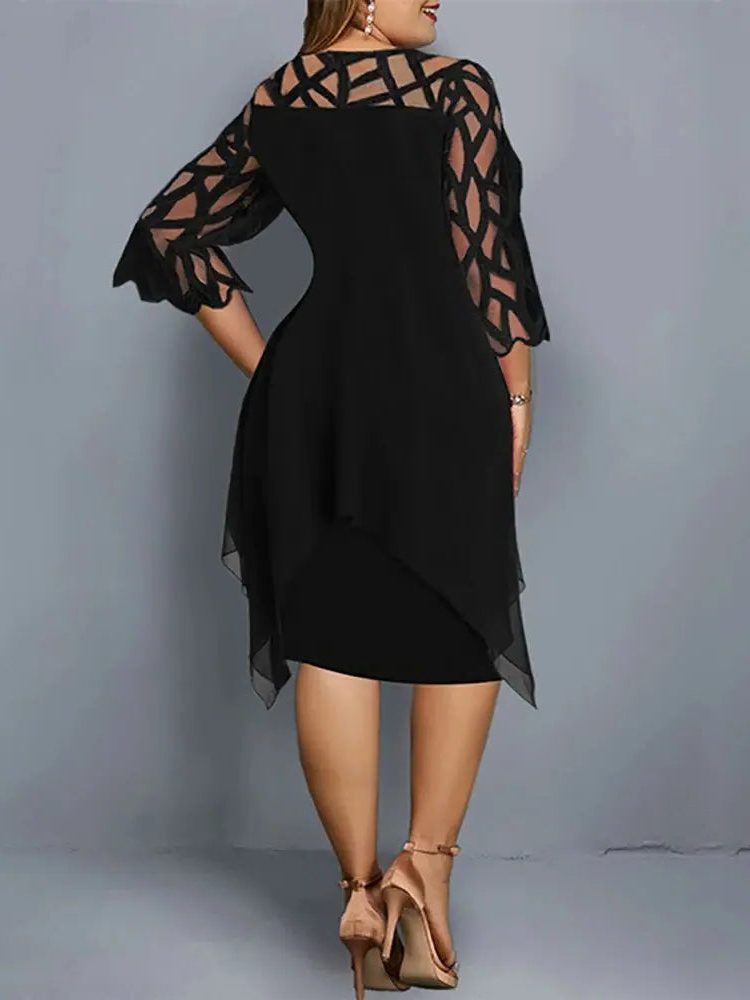 Robe Mi-Longue en Dentelle avec Manches Trois-Quarts pour Femme