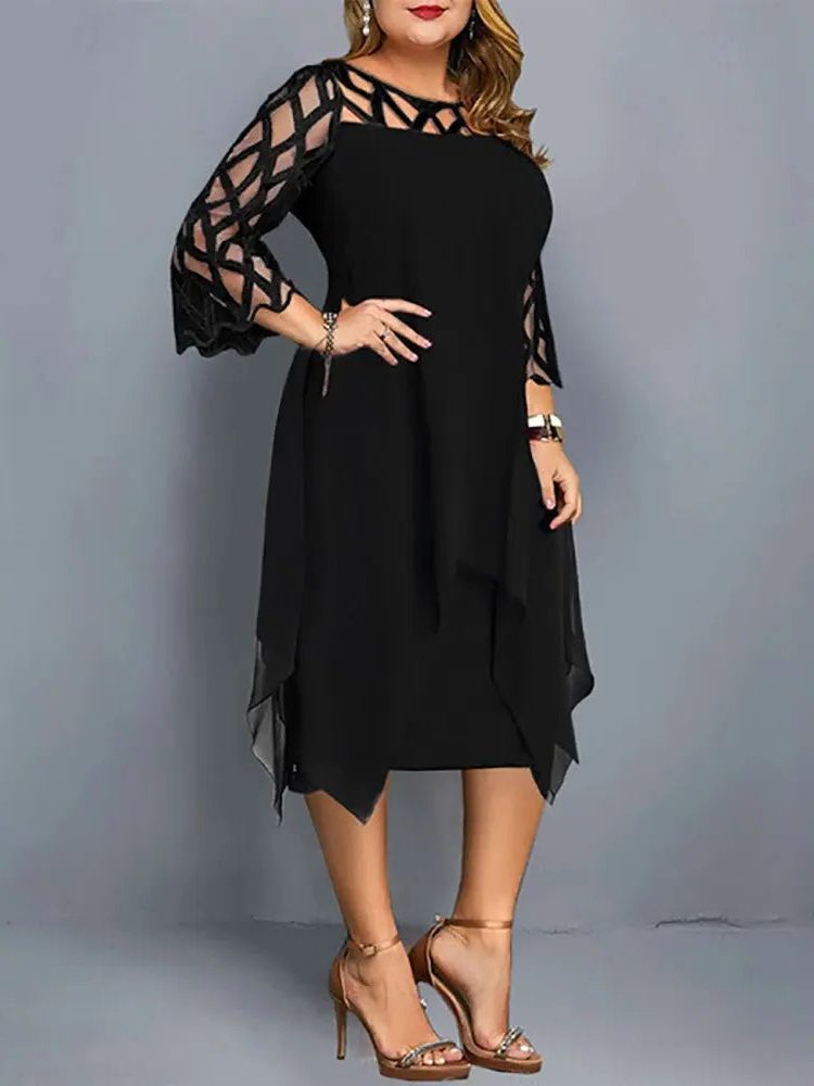 Robe Mi-Longue en Dentelle avec Manches Trois-Quarts pour Femme