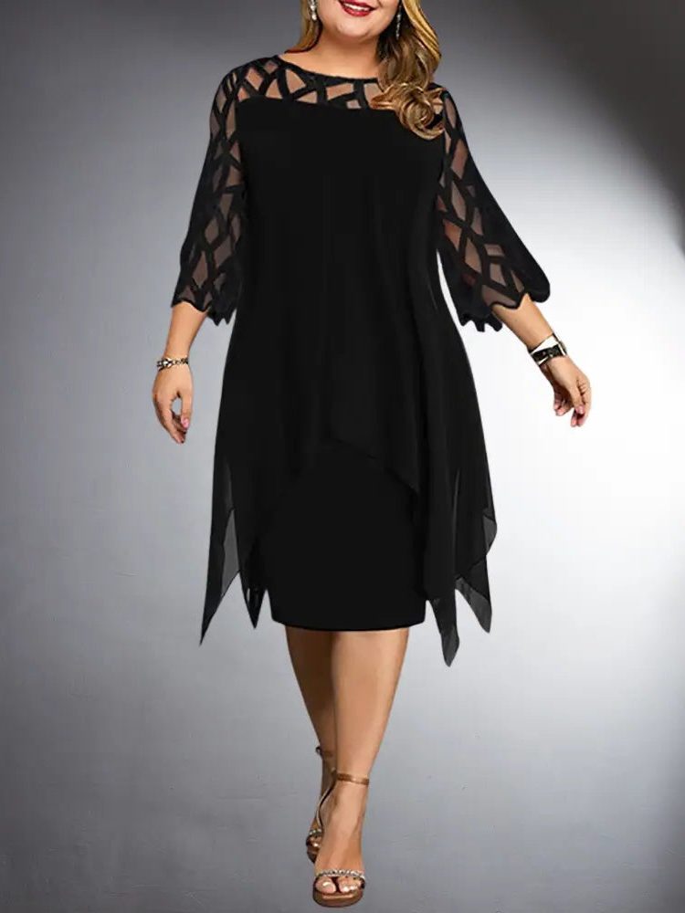 Robe Mi-Longue en Dentelle avec Manches Trois-Quarts pour Femme