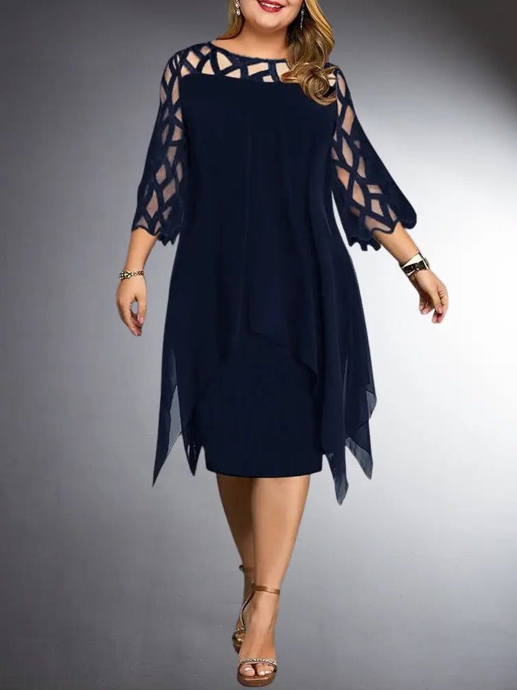 Robe Mi-Longue en Dentelle avec Manches Trois-Quarts pour Femme