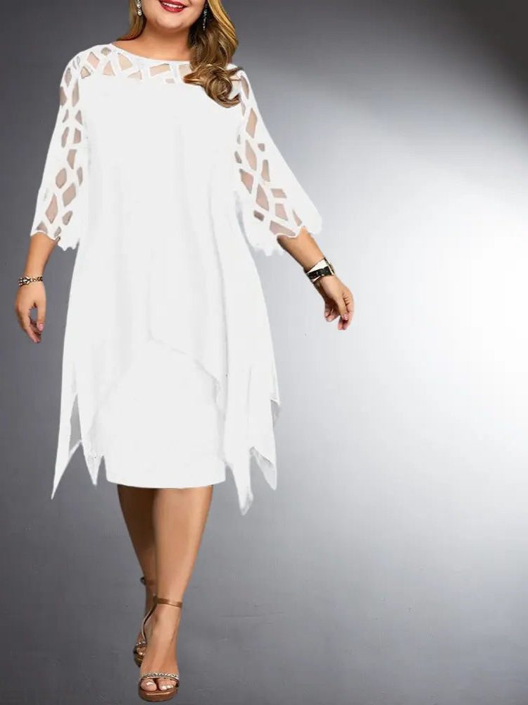 Robe Mi-Longue en Dentelle avec Manches Trois-Quarts pour Femme