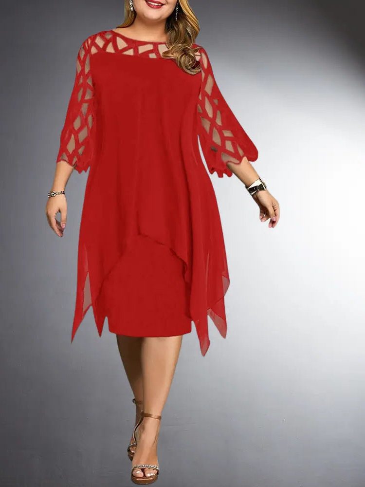 Robe Mi-Longue en Dentelle avec Manches Trois-Quarts pour Femme