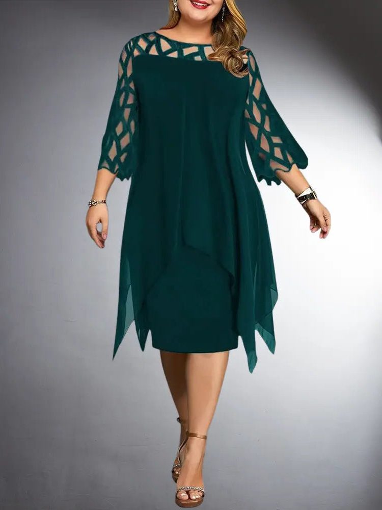 Robe Mi-Longue en Dentelle avec Manches Trois-Quarts pour Femme