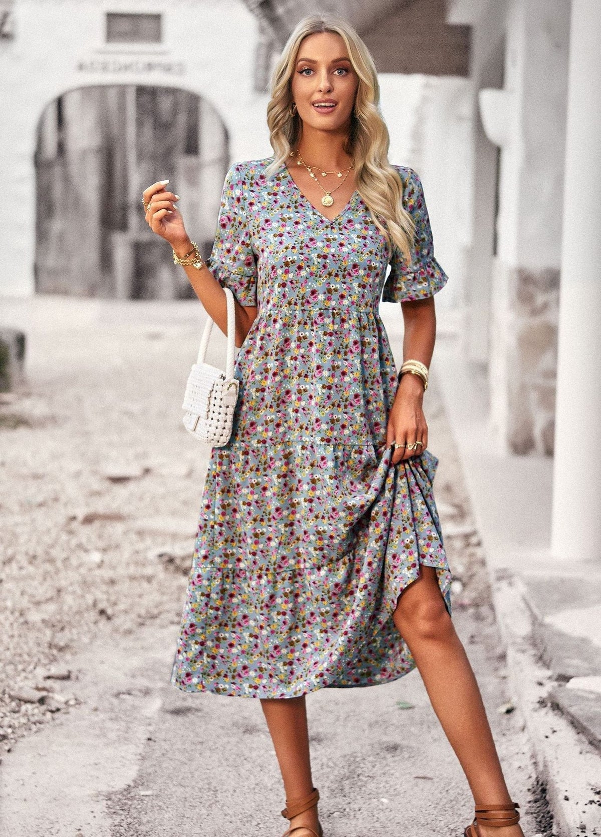 Robe Mi-Longue Fleurie avec Col V pour Femme - Bleu