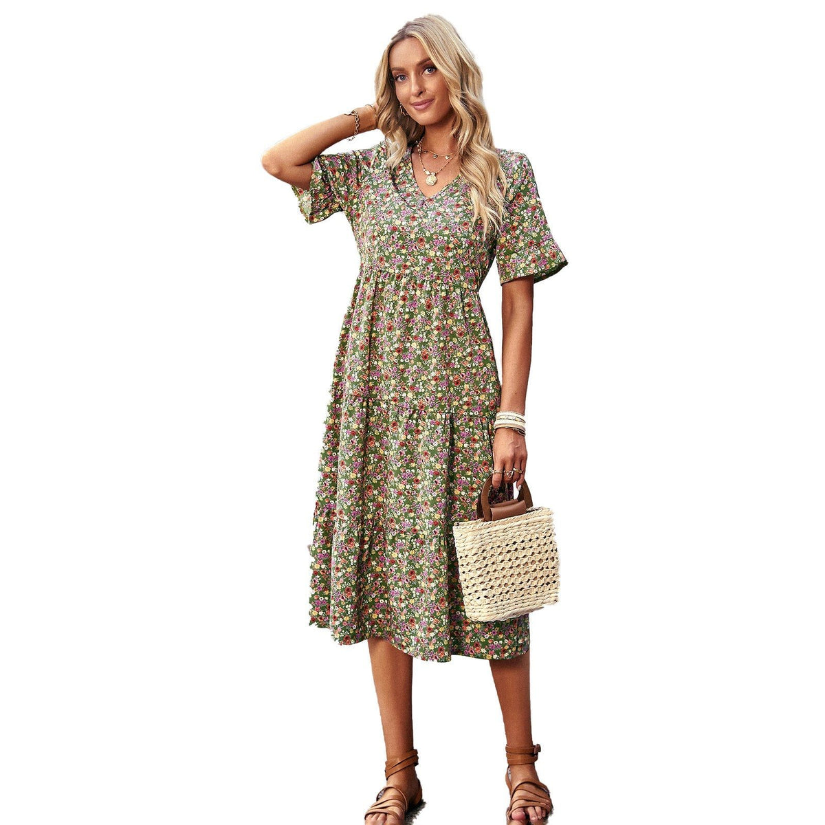 Robe Mi-Longue Fleurie avec Col V pour Femme - View 5