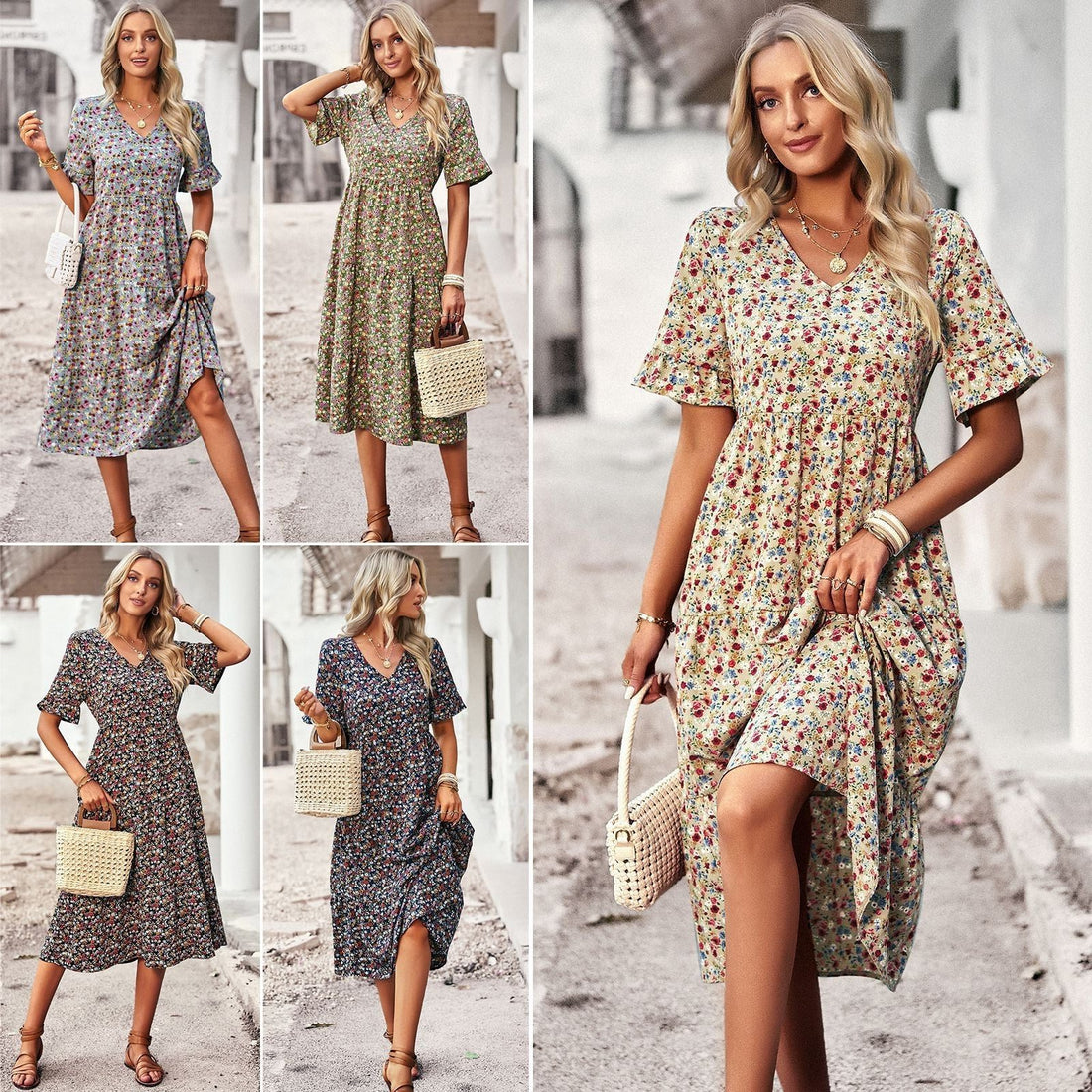 Robe Mi-Longue Fleurie avec Col V pour Femme