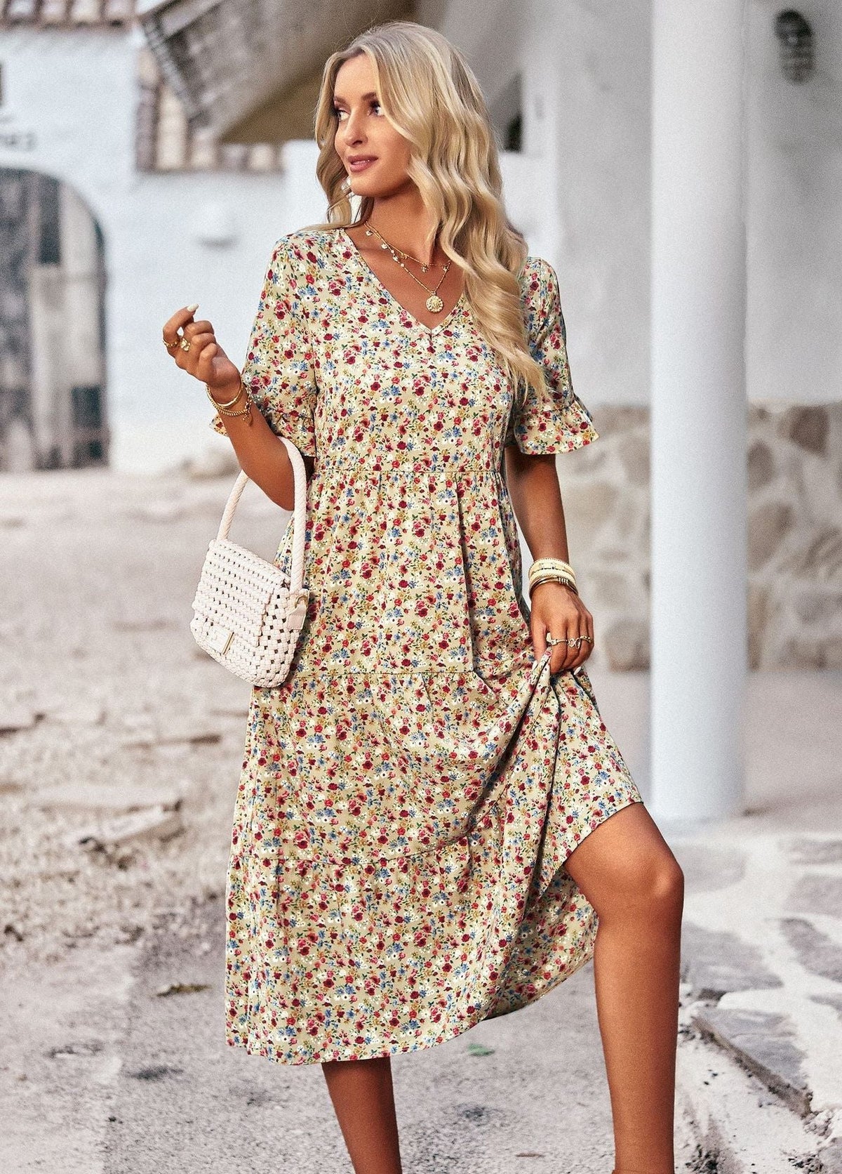 Robe Mi-Longue Fleurie avec Col V pour Femme - Abricot