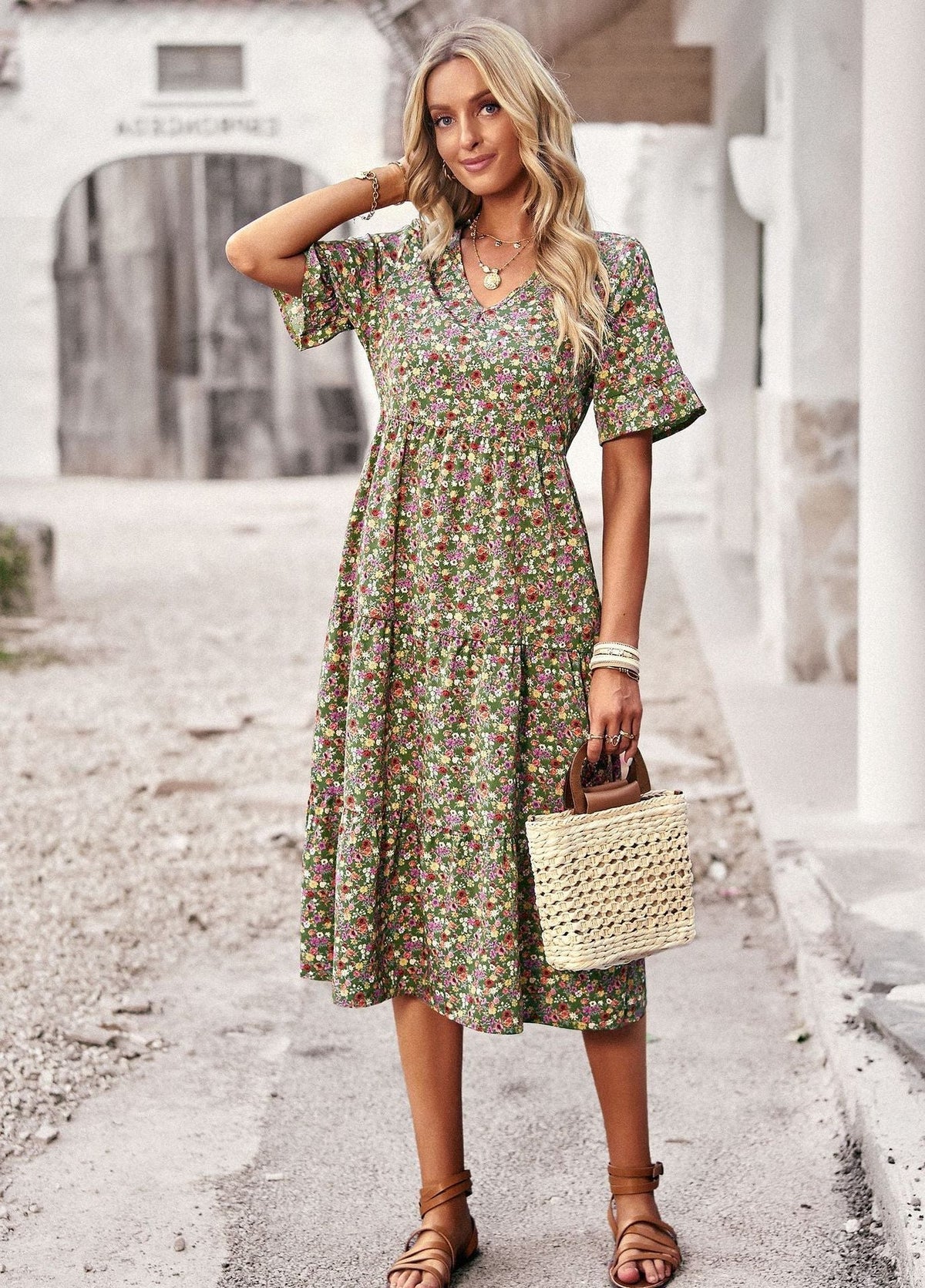 Robe Mi-Longue Fleurie avec Col V pour Femme - Vert