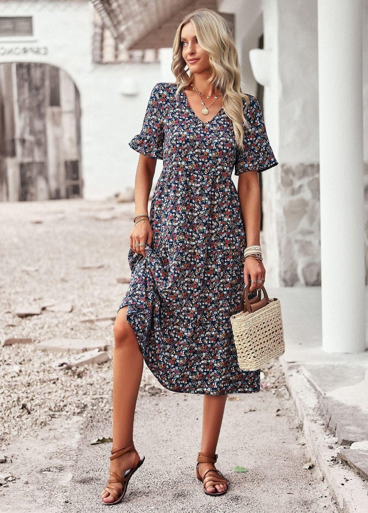 Robe Mi-Longue Fleurie avec Col V pour Femme