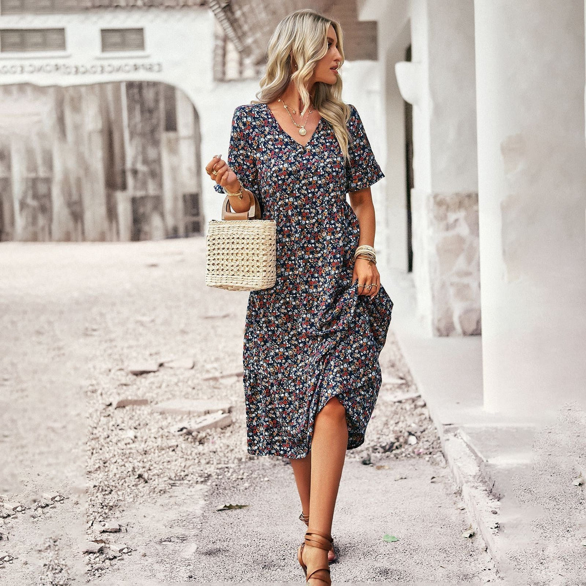 Robe Mi-Longue Fleurie avec Col V pour Femme - View 2