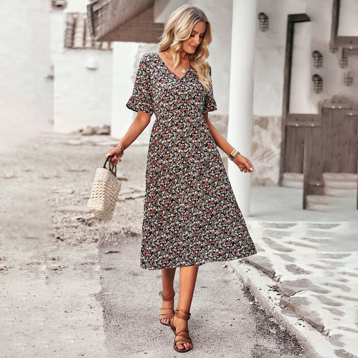 Robe Mi-Longue Fleurie avec Col V pour Femme - View 3