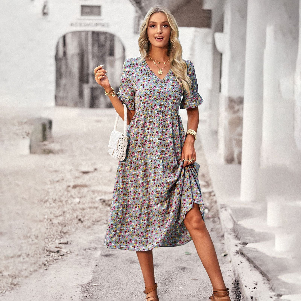 Robe Mi-Longue Fleurie avec Col V pour Femme - View 4