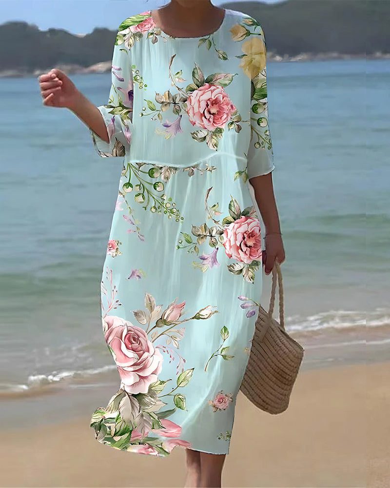 Robe Mi-Longue Fleurie à Manches 3/4 pour Femme - Bleu