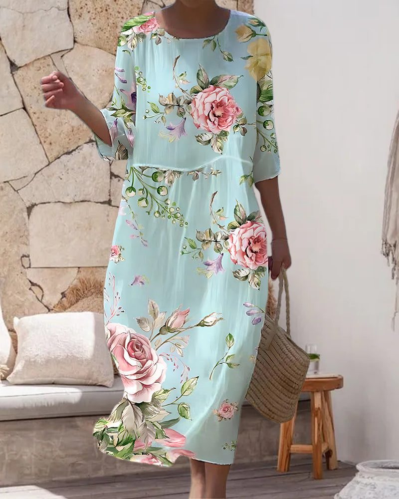 Robe Mi-Longue Fleurie à Manches 3/4 pour Femme