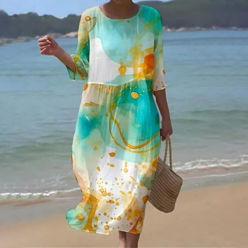 Robe Mi-Longue Fleurie à Manches 3/4 pour Femme - Vert