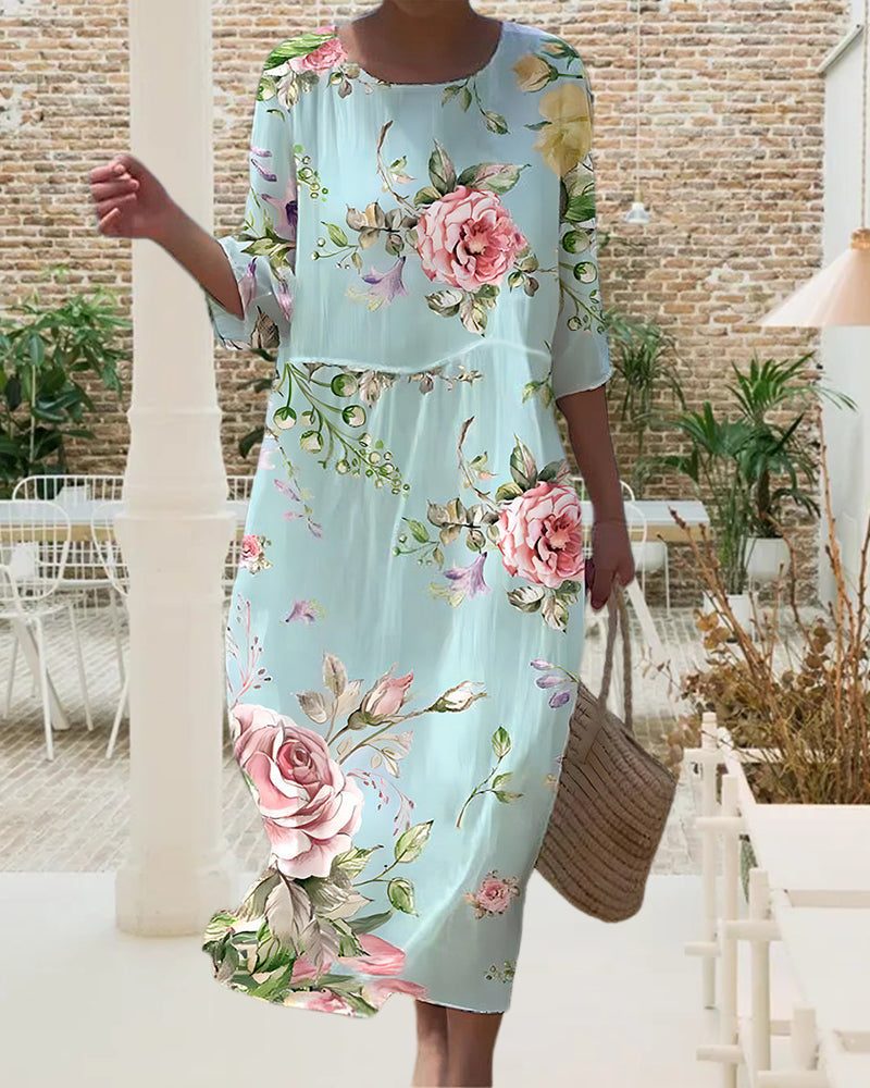 Robe Mi-Longue Fleurie à Manches 3/4 pour Femme - View 2