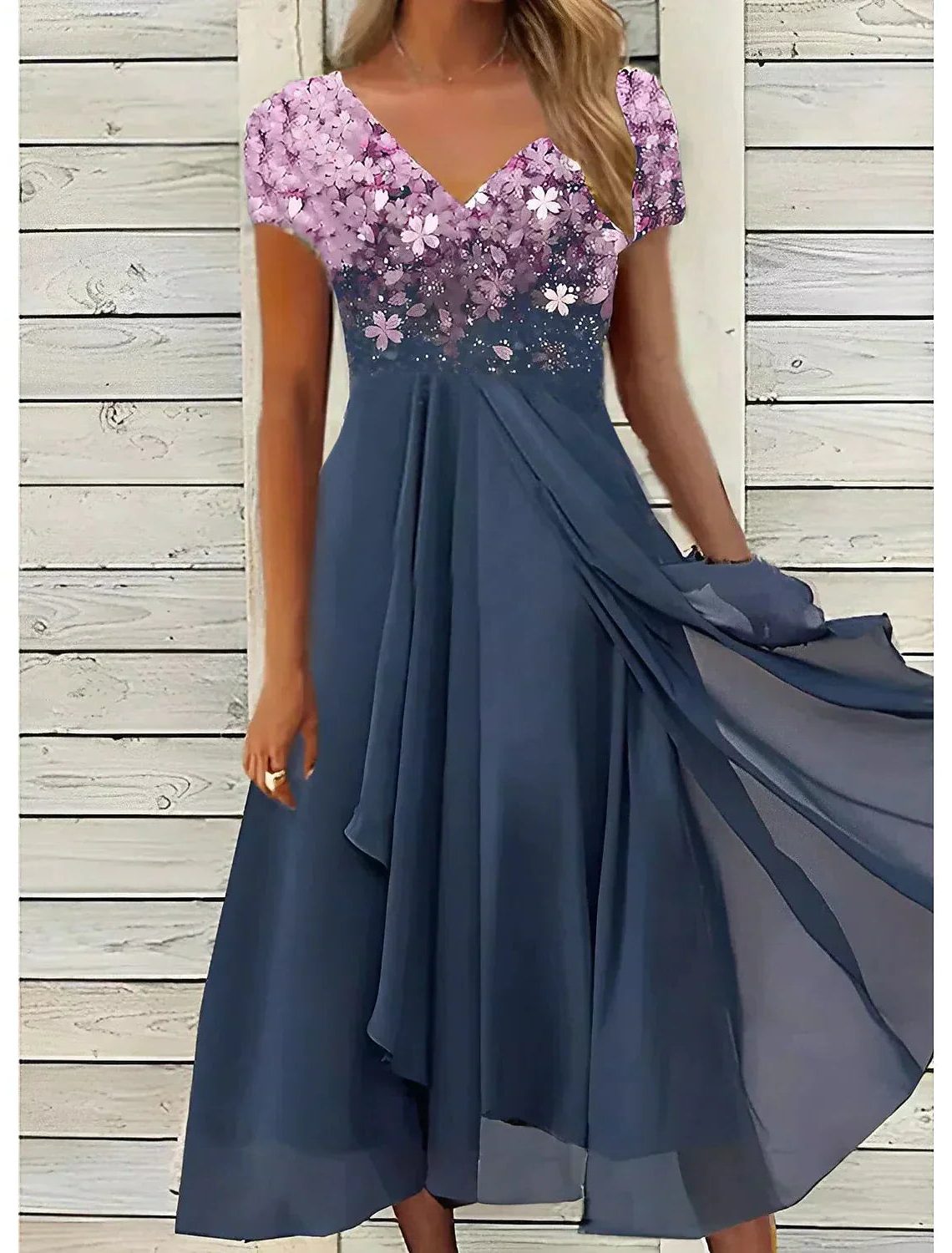 Robe Mi-Longue Fleurie à Manches Courtes avec Col Rond pour Femme - Lilas