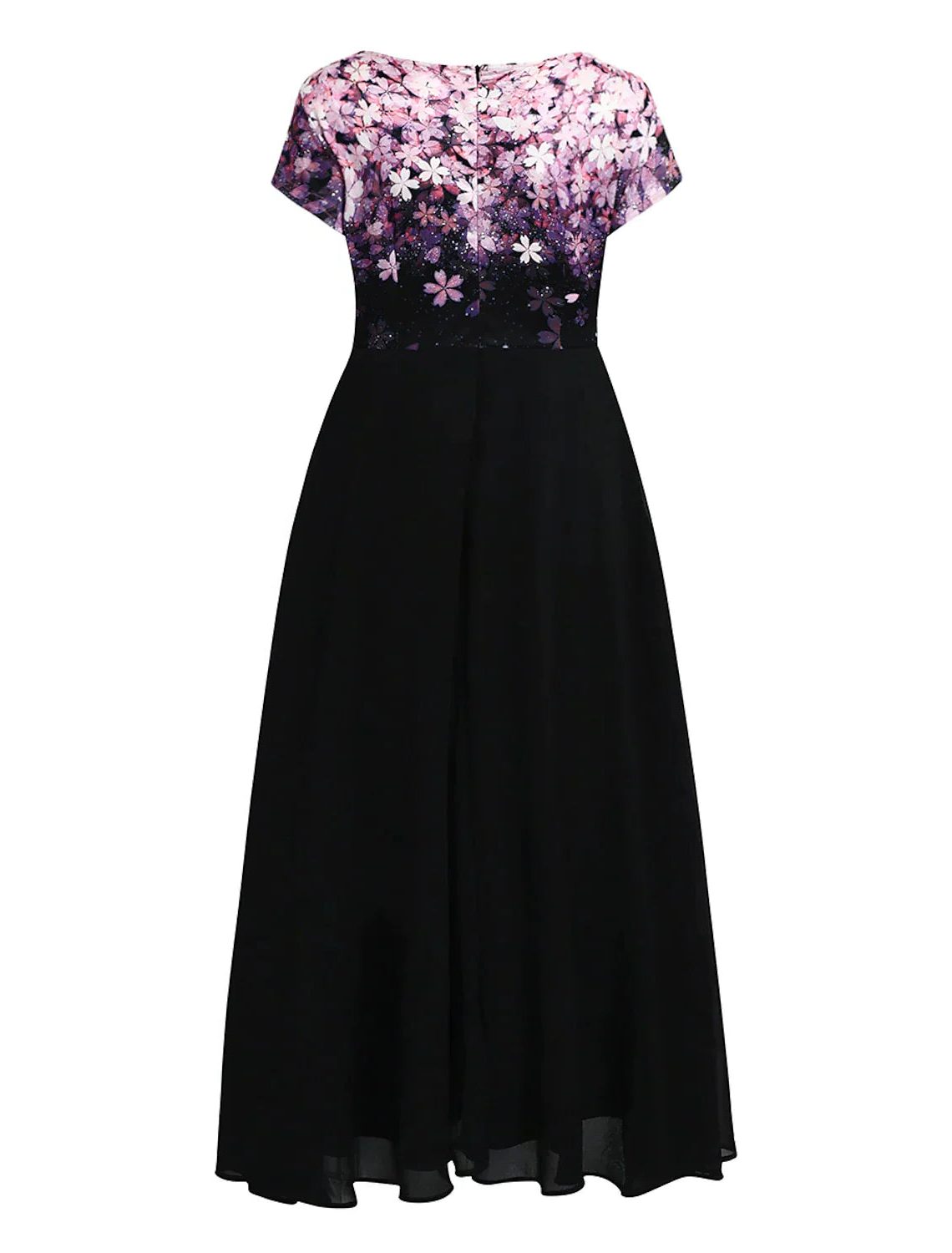 Robe Mi-Longue Fleurie à Manches Courtes avec Col Rond pour Femme