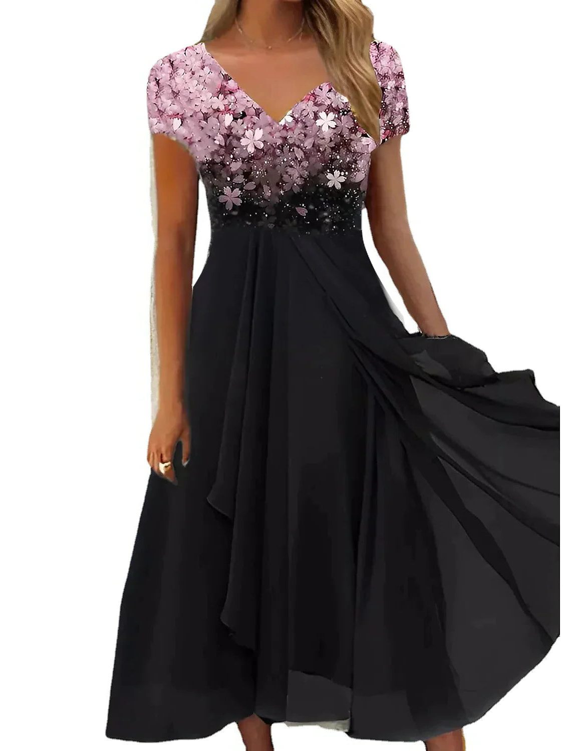 Robe Mi-Longue Fleurie à Manches Courtes avec Col Rond pour Femme - Noir