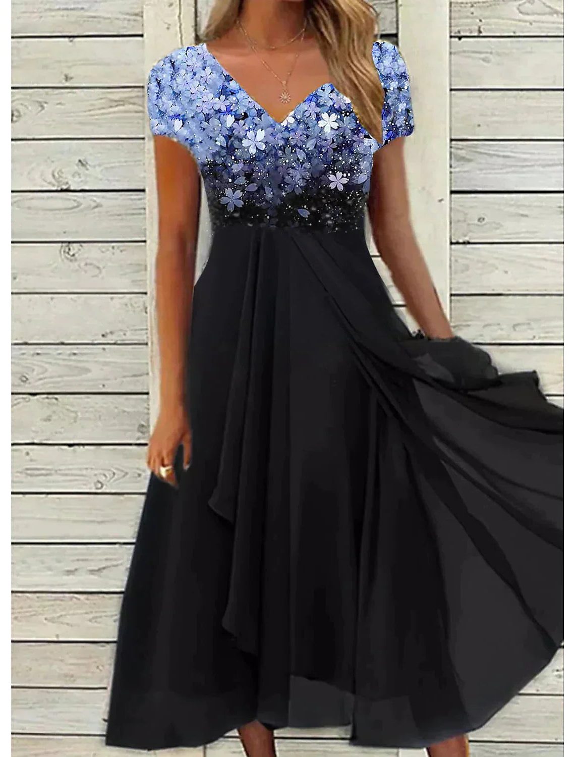 Robe Mi-Longue Fleurie à Manches Courtes avec Col Rond pour Femme - Bleu