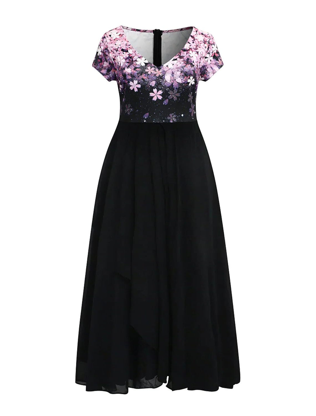 Robe Mi-Longue Fleurie à Manches Courtes avec Col Rond pour Femme