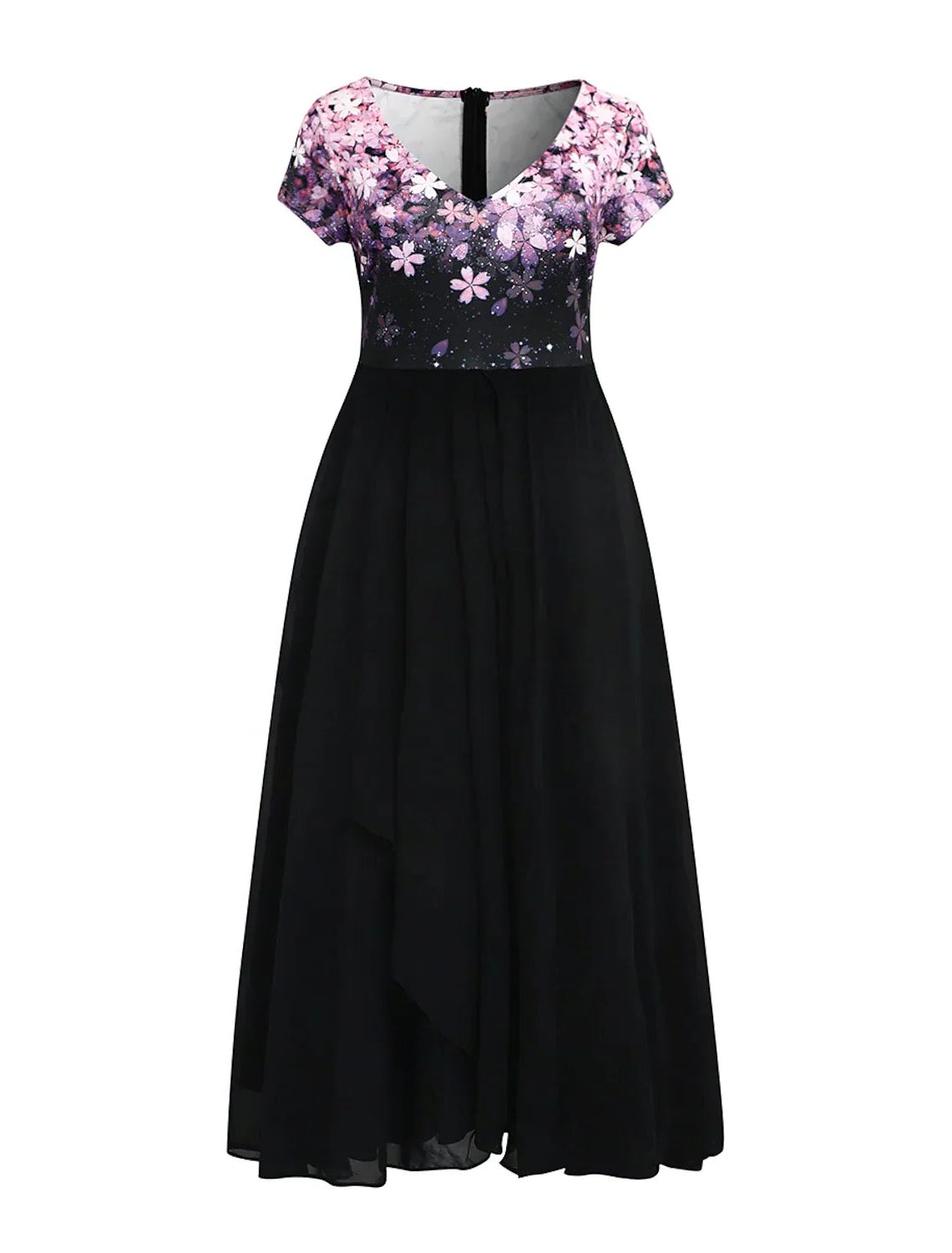 Robe Mi-Longue Fleurie à Manches Courtes avec Col Rond pour Femme - View 2