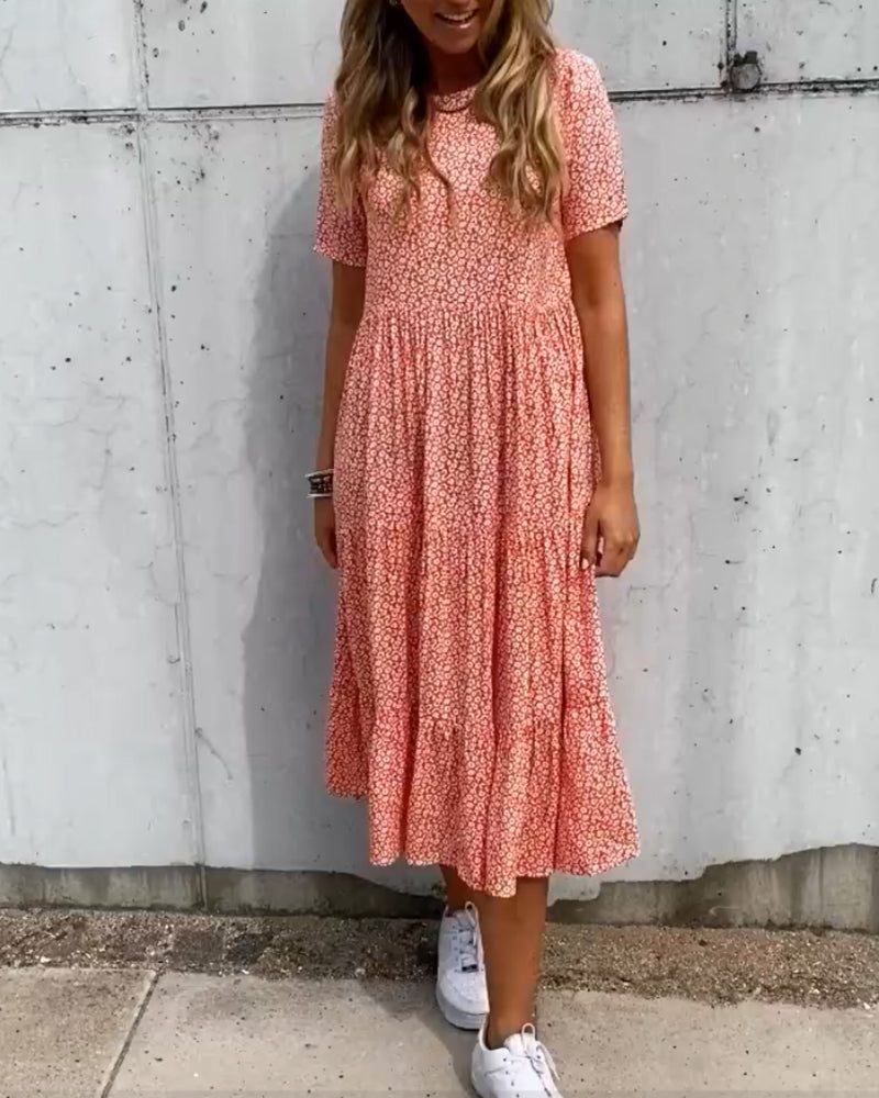 Robe Mi-Longue à Fleurs Manches Courtes pour Femme - Rouge