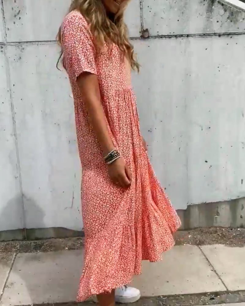Robe Mi-Longue à Fleurs Manches Courtes pour Femme