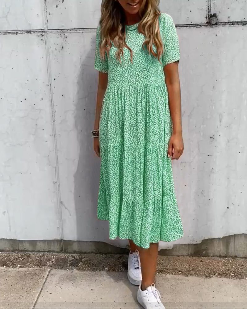 Robe Mi-Longue à Fleurs Manches Courtes pour Femme - Vert