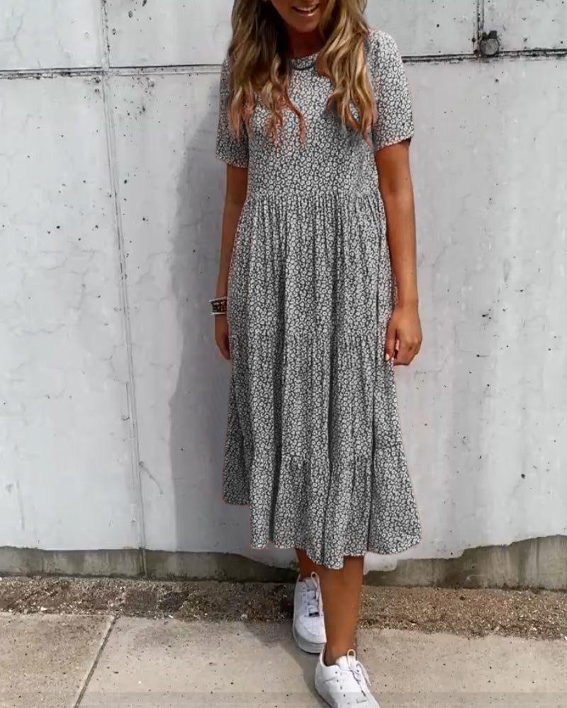Robe Mi-Longue à Fleurs Manches Courtes pour Femme - Noir