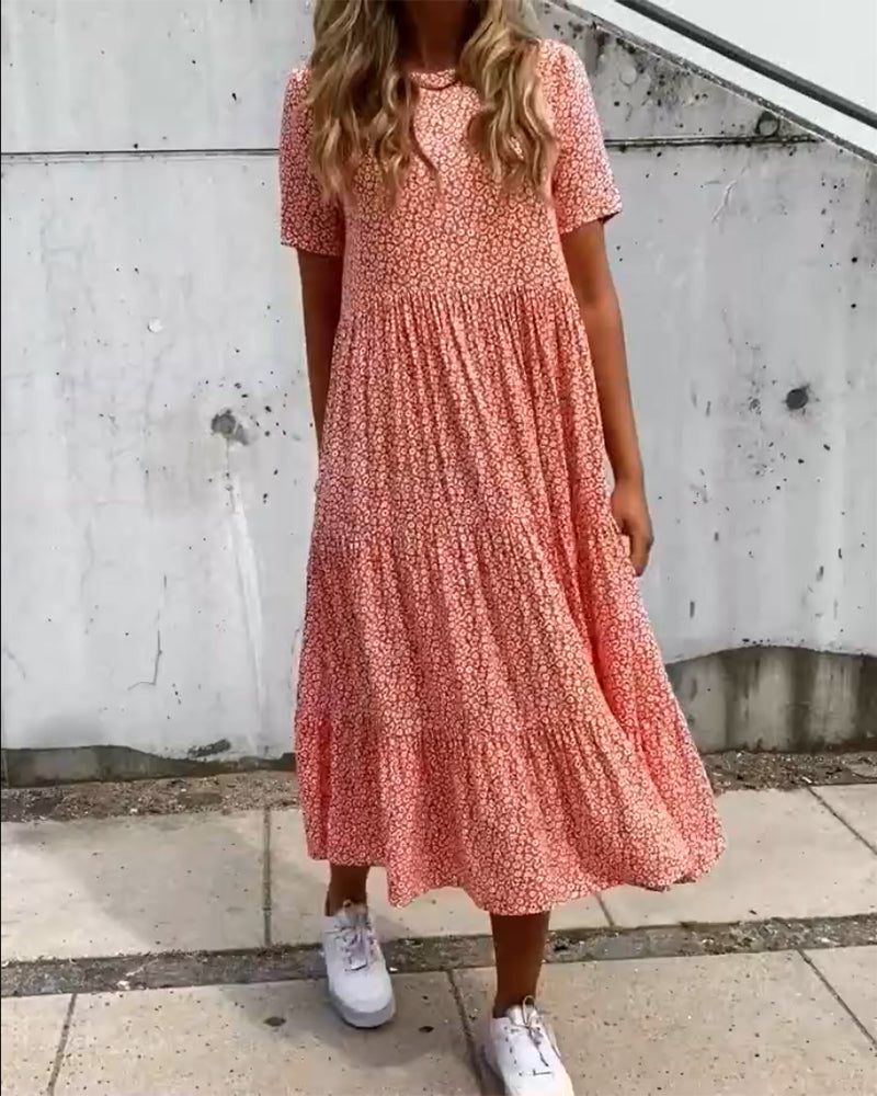 Robe Mi-Longue à Fleurs Manches Courtes pour Femme - View 2