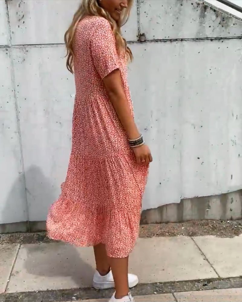Robe Mi-Longue à Fleurs Manches Courtes pour Femme - View 3