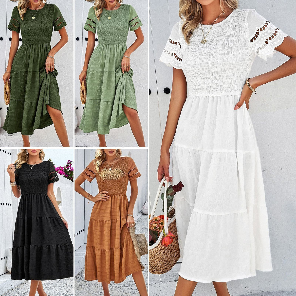Robe Mi-Longue à Manches Courtes Ajourées pour Femme