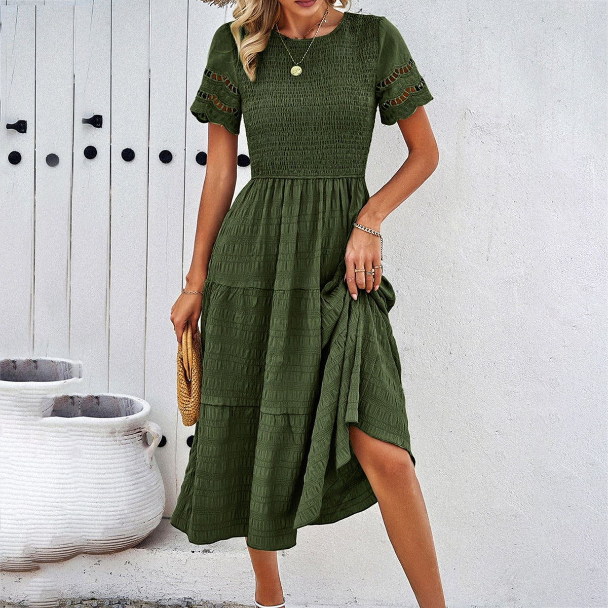 Robe Mi-Longue à Manches Courtes Ajourées pour Femme - Vert olive