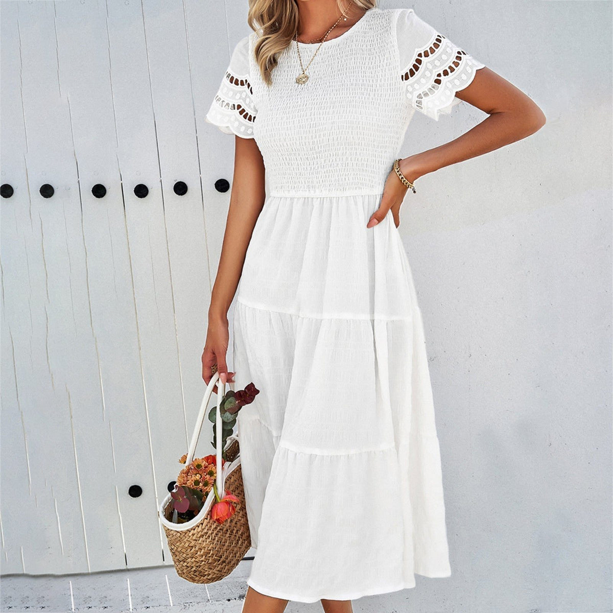Robe Mi-Longue à Manches Courtes Ajourées pour Femme - Blanc