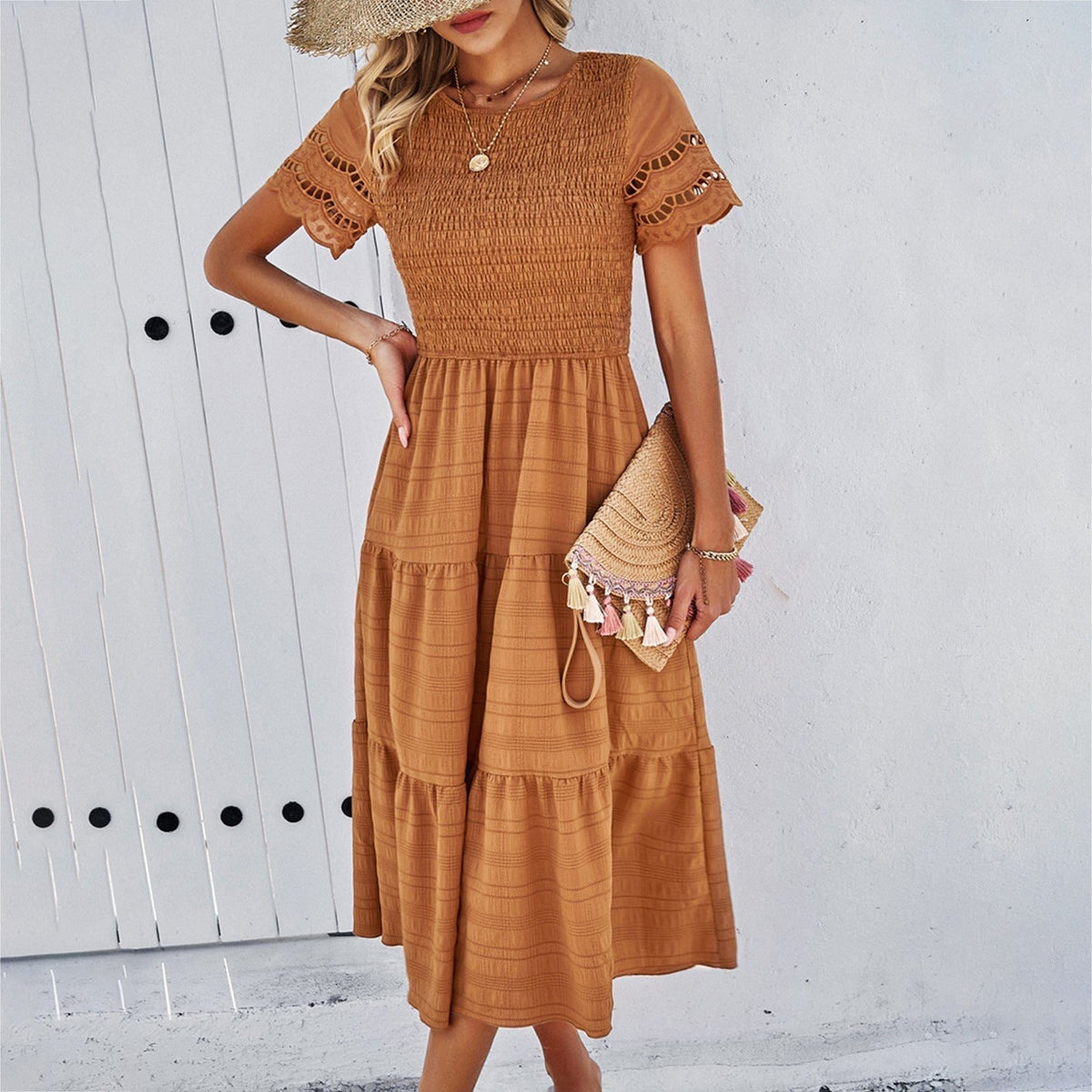 Robe Mi-Longue à Manches Courtes Ajourées pour Femme - Marron