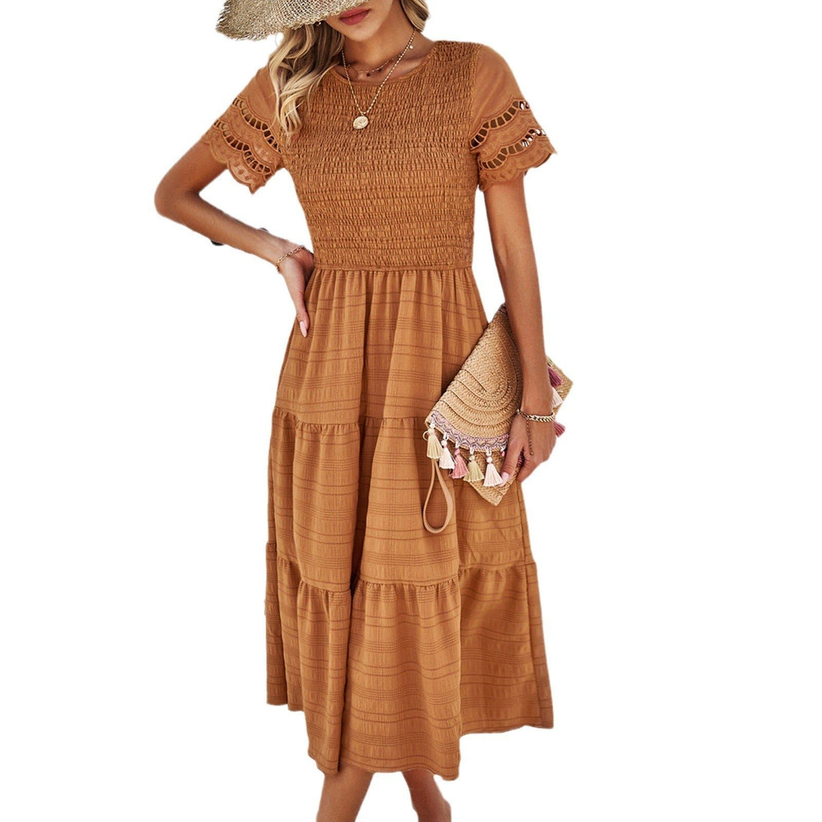 Robe Mi-Longue à Manches Courtes Ajourées pour Femme - View 5