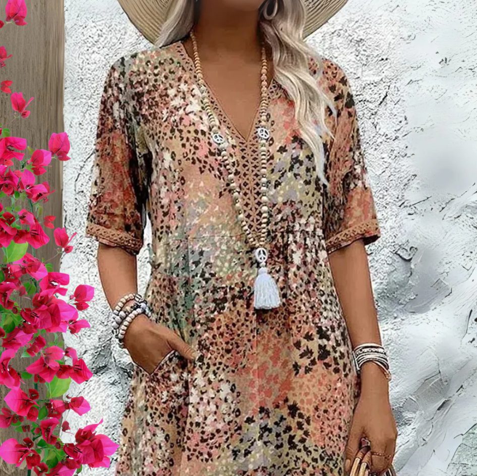 Robe Mi-Longue à Motifs Imprimés avec Manches Courtes pour Femme