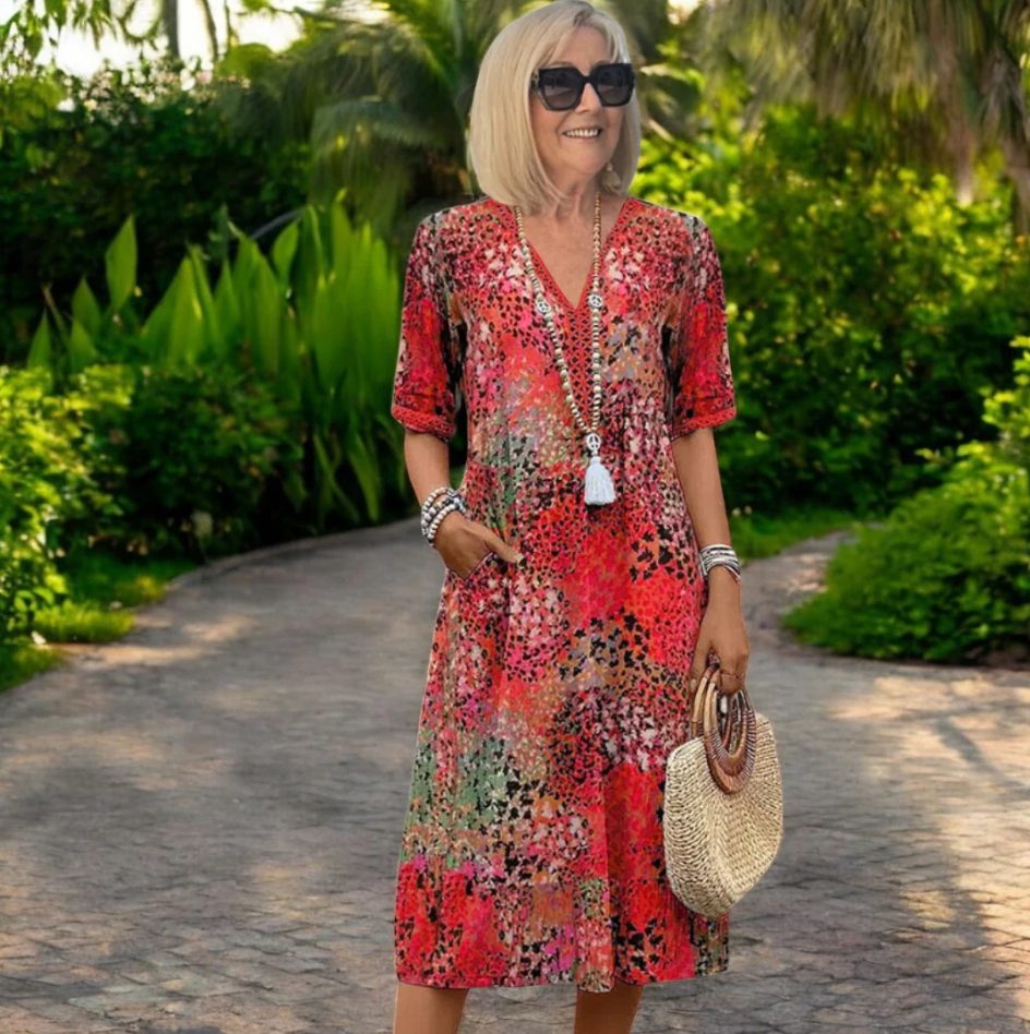 Robe Mi-Longue à Motifs Imprimés avec Manches Courtes pour Femme - Rouge