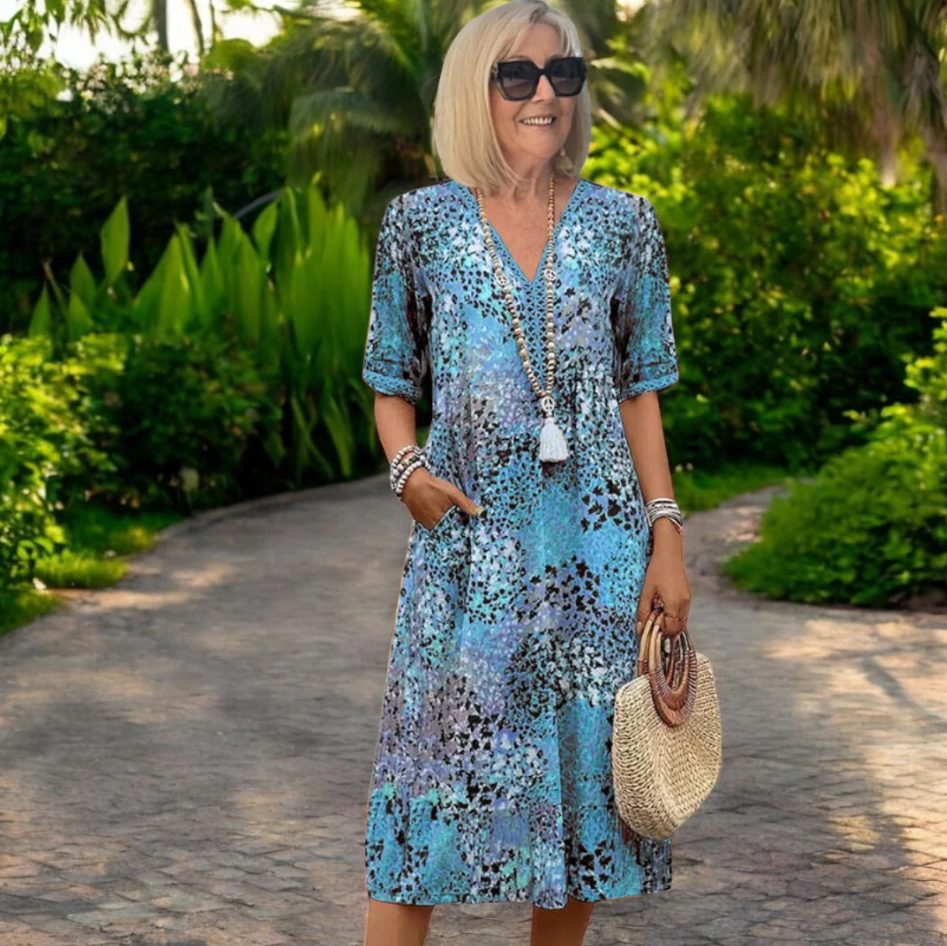 Robe Mi-Longue à Motifs Imprimés avec Manches Courtes pour Femme - Bleu