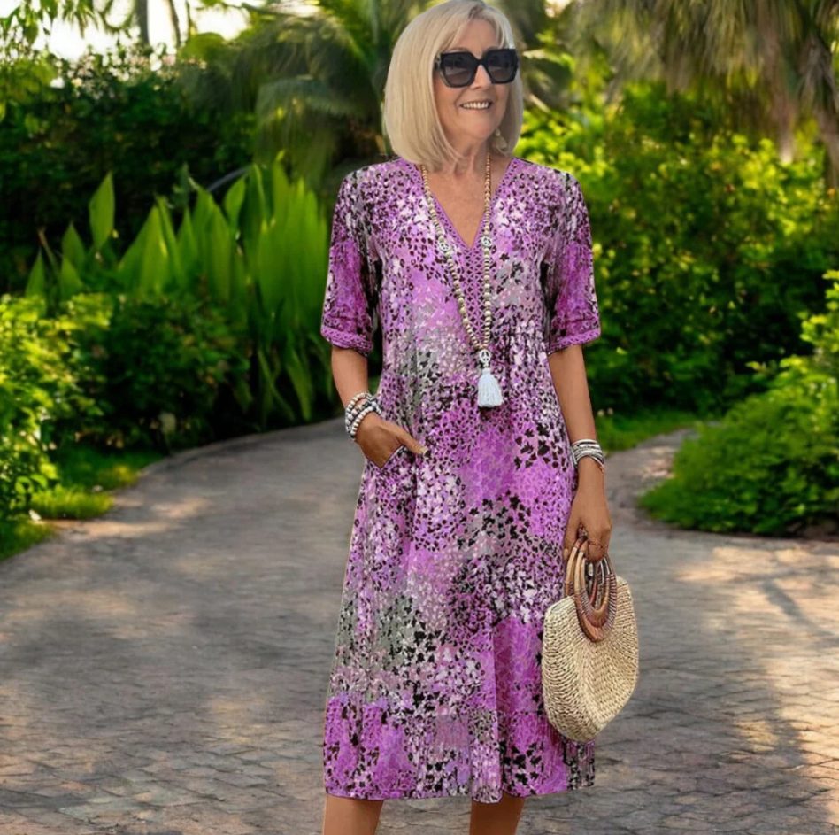 Robe Mi-Longue à Motifs Imprimés avec Manches Courtes pour Femme - Lilas