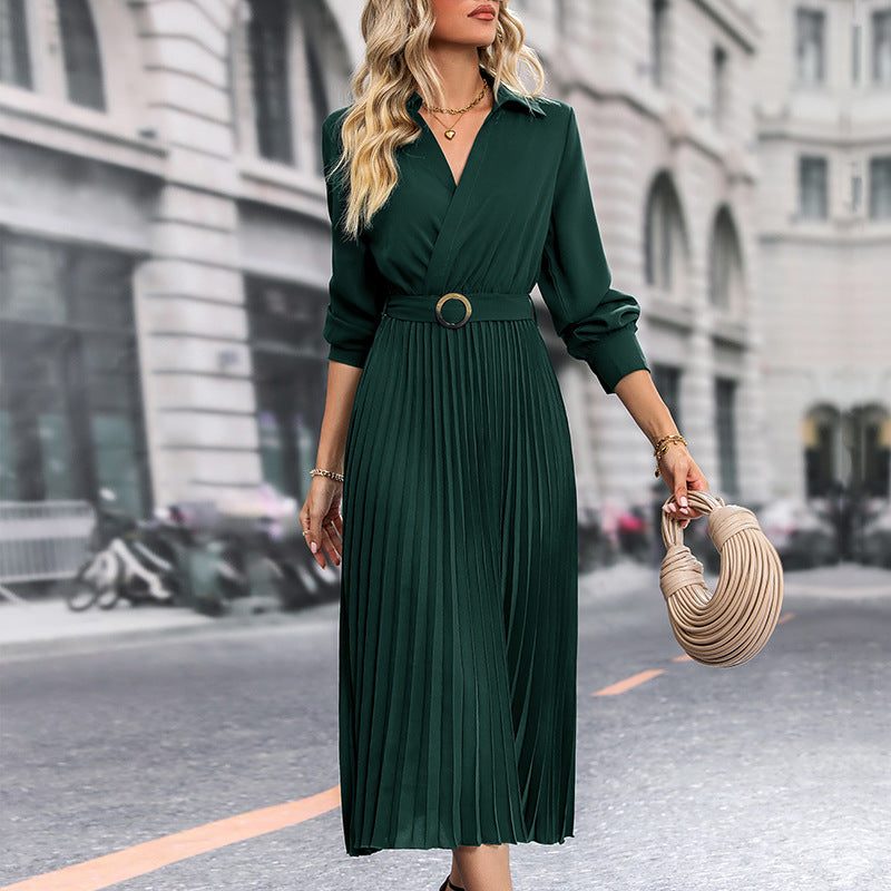 Robe Mi-Longue Plissée avec Ceinture Taille pour Femme - Vert sapin