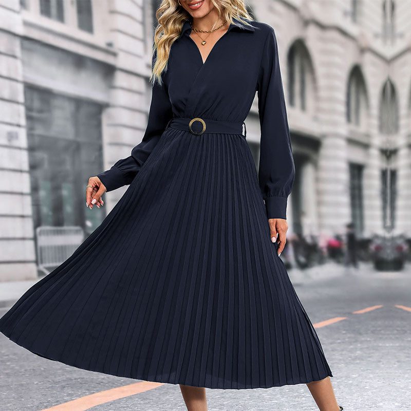 Robe Mi-Longue Plissée avec Ceinture Taille pour Femme