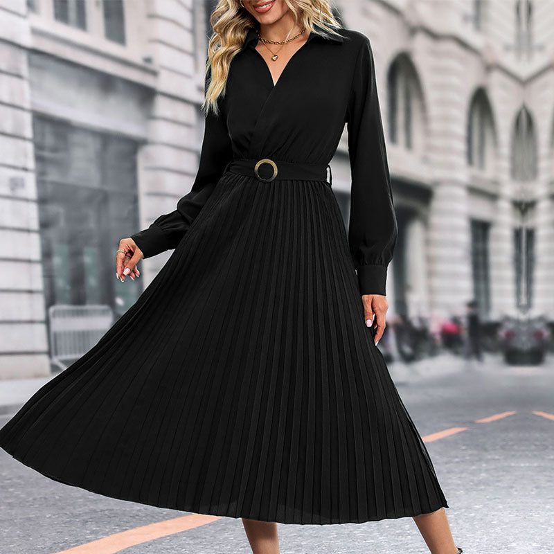 Robe Mi-Longue Plissée avec Ceinture Taille pour Femme - Noir