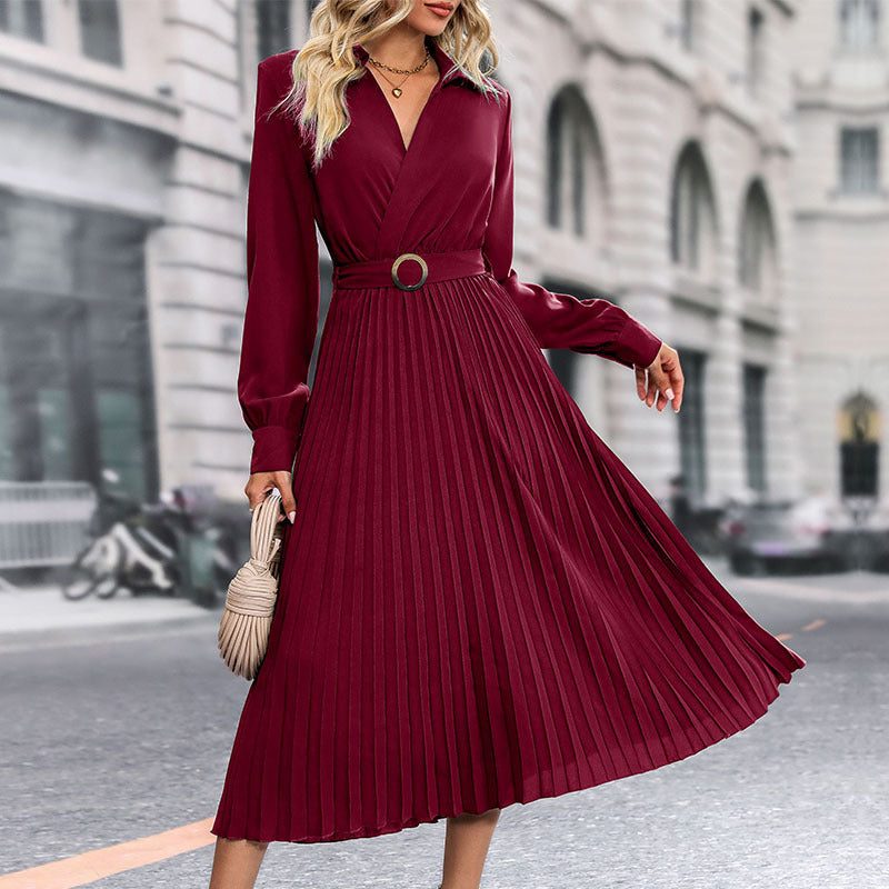 Robe Mi-Longue Plissée avec Ceinture Taille pour Femme - Rouge vin