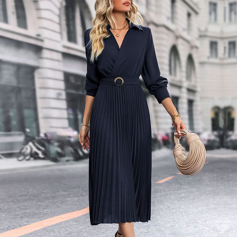 Robe Mi-Longue Plissée avec Ceinture Taille pour Femme - View 2