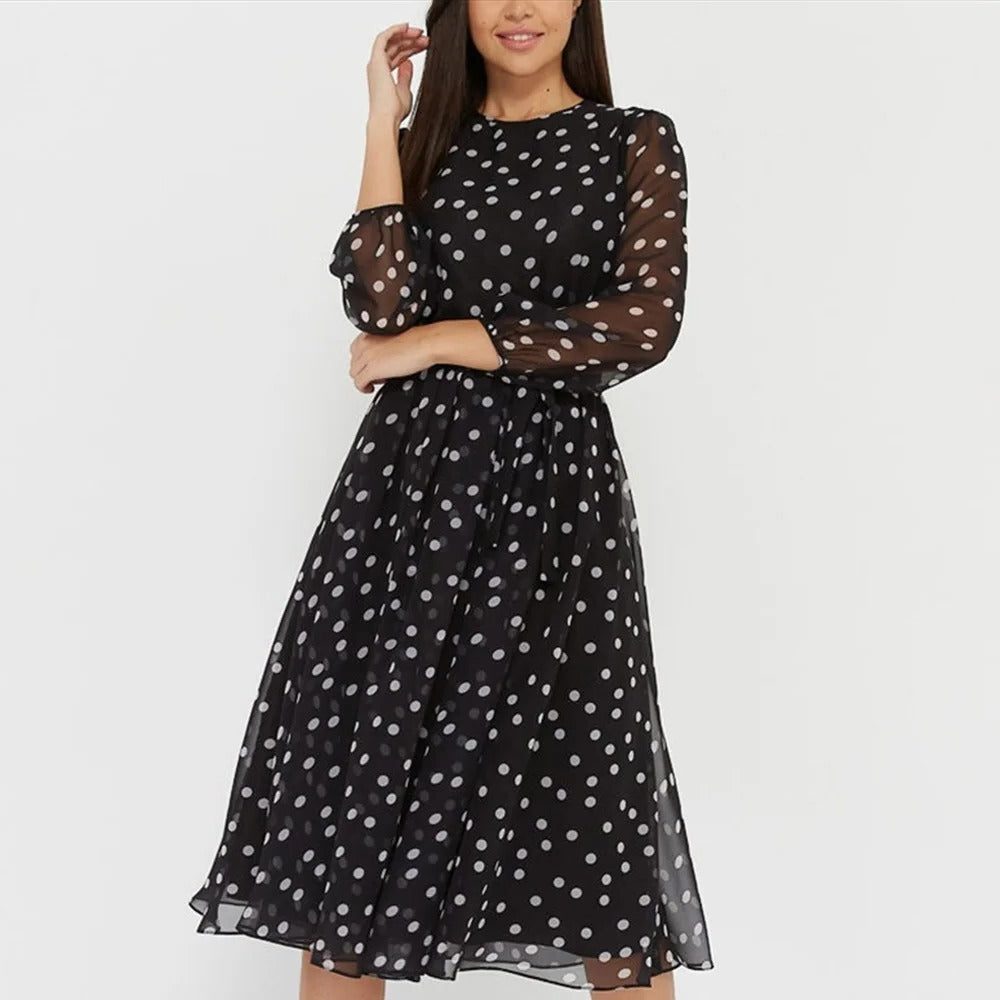 Robe Mi-Longue à Pois avec Manches Bouffantes pour Femme