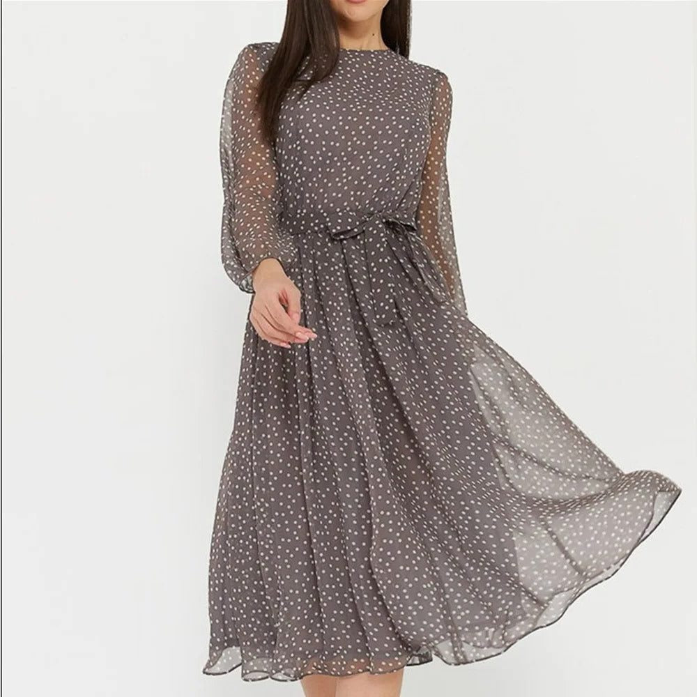 Robe Mi-Longue à Pois avec Manches Bouffantes pour Femme - Rank