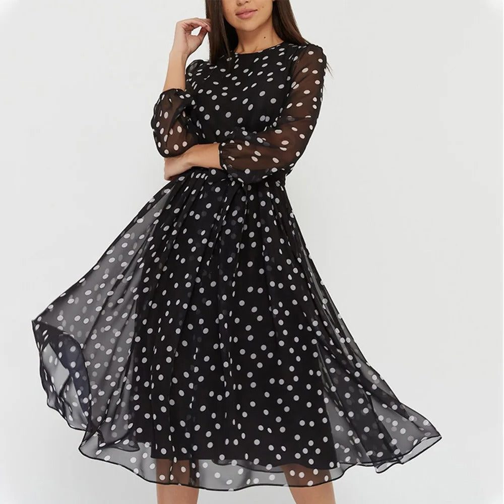 Robe Mi-Longue à Pois avec Manches Bouffantes pour Femme - View 2