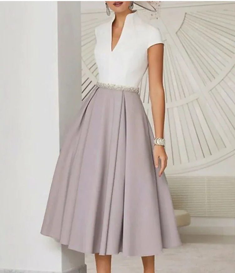 Robe Mi-Longue Évasée avec Col V pour Femme - Rose
